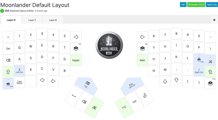 The default Moonlander layout on Oryx